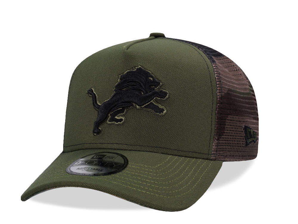 New Era Detroit Lions Green Camo Trucker Edition 9Forty A Frame Snapback Cap